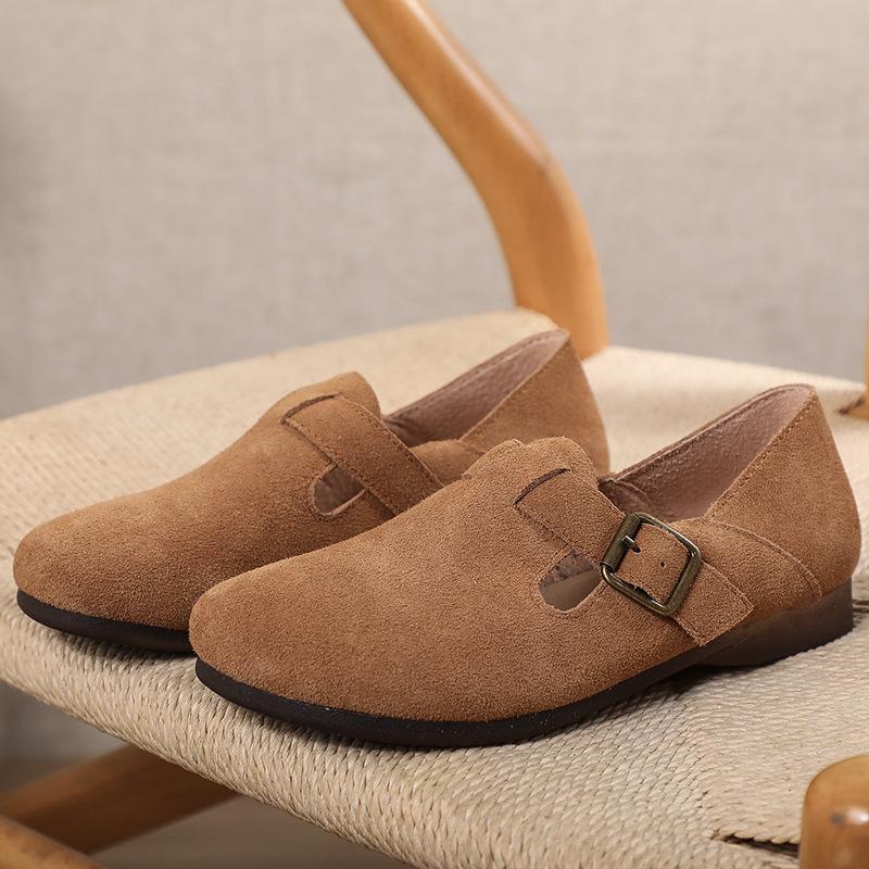 Fashion Leather Winter Flat Women's Shoes Leather Scrub Women's Shoes Mary Jane Shoes Warm Summer Pumps Loafers Retro Nostalgic Coffee