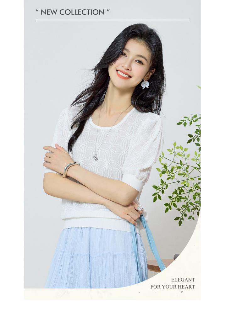2025 Summer New High end Round Neck Lantern Sleeve Flower Jacquard Short Sleeve T-shirt Fashion Knitted Top
