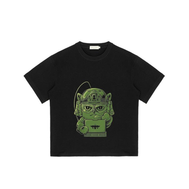 Black T Shirt with Green Cat Stormtrooper Graphic Print for Casual Wear