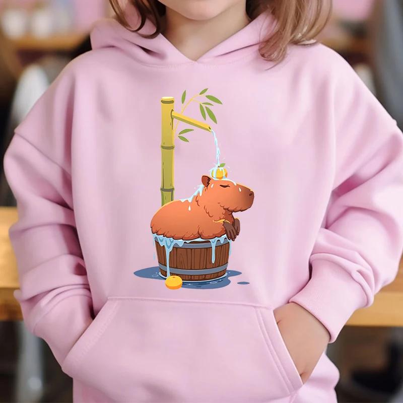 Cute Capybara Loves Bubble Tea Children's Hoodie Pink Autumn and Winter Girl's Top