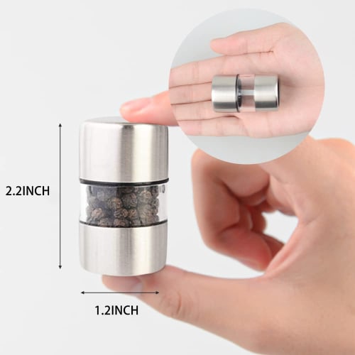 T-mark Premium Sea Salt and Pepper Grinder Set - Spice Mill, Brushed Stainless Steel, and Small Portable Ceramic Salt and Pepper Shakers (2-Pack)