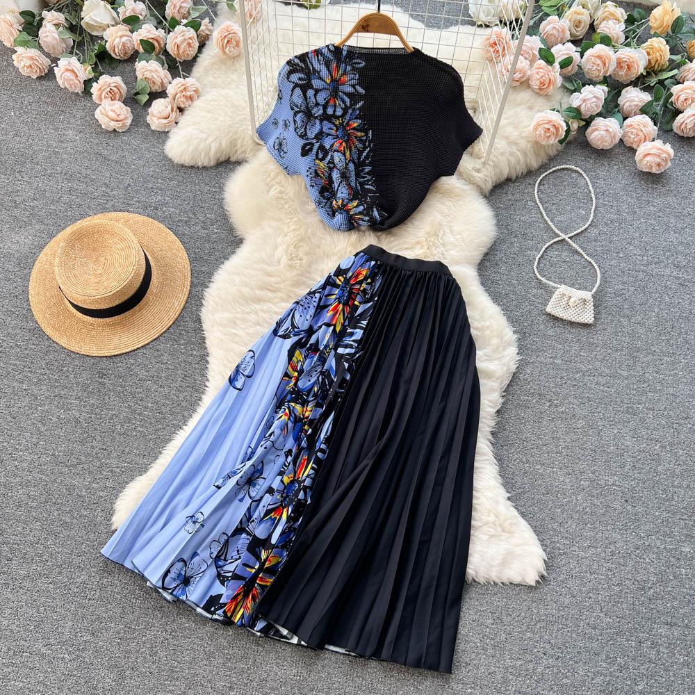 Autumn Europe And The United States Fashionable Lazy Loose Knit Top Plus Printed Pleated Half-Body Skirt Two-Piece Set