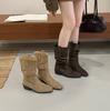 2025 nouvelles bottes western pour femmes à talon épais en daim rétro, automne et hiver nouvelles bottes montantes à tige large à col en V
