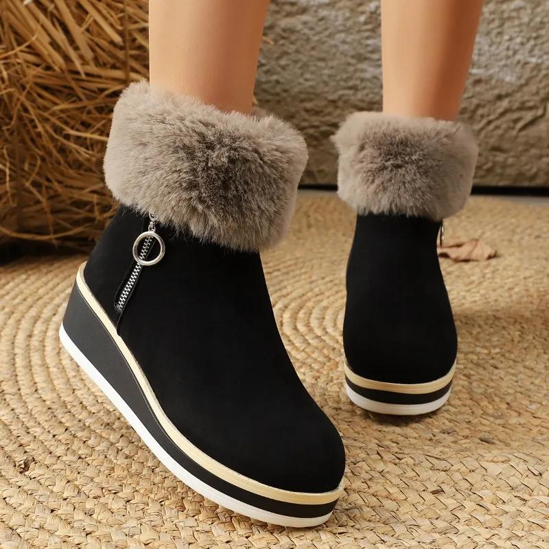 Winter New Anti-slip Warm Women's Fleece Platform Wedge Cotton Shoes Short Snow Boots