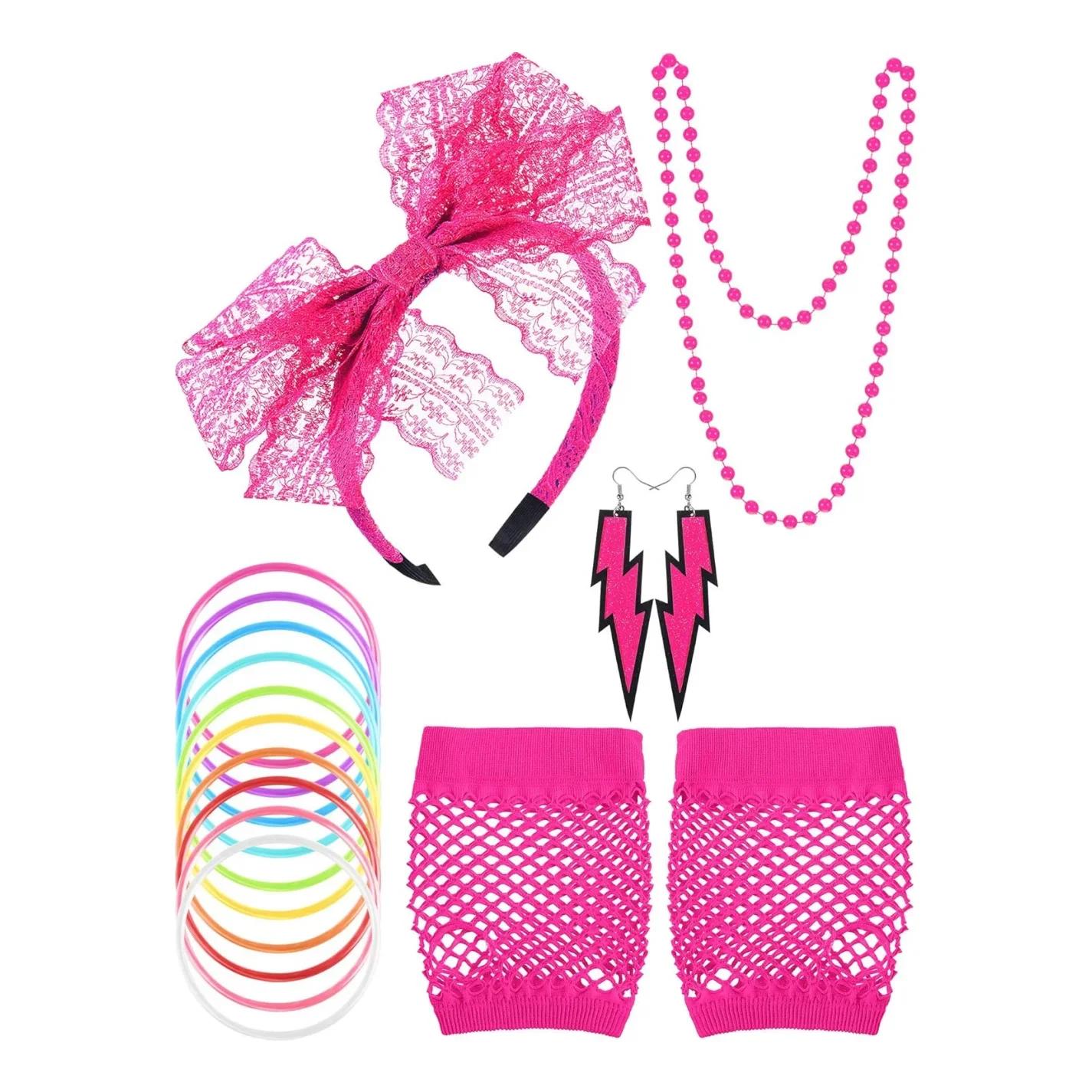 

Аксессуары для маскарадного костюма 80-х Женская юбка-пачка Неоновые сетчатые перчатки Ожерелье из бусин Браслет Серьги Взрослый костюмный набор для вечеринки в стиле 80-х розовый