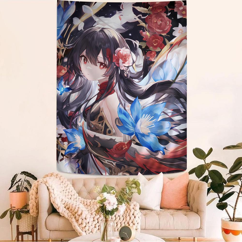 Genshin Impact Hu Tao Cartone Animato Anime Arazzo Pezzo d'Arte Creativo Ideale Teli da Appendere al Muro per Ravvivare la Stanza Decorazione per la Casa