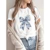 European Size Women's Butterfly Print T-Shirt - Casual Short Sleeve Top with Blue Floral Bow Design, Breathable Summer Tee