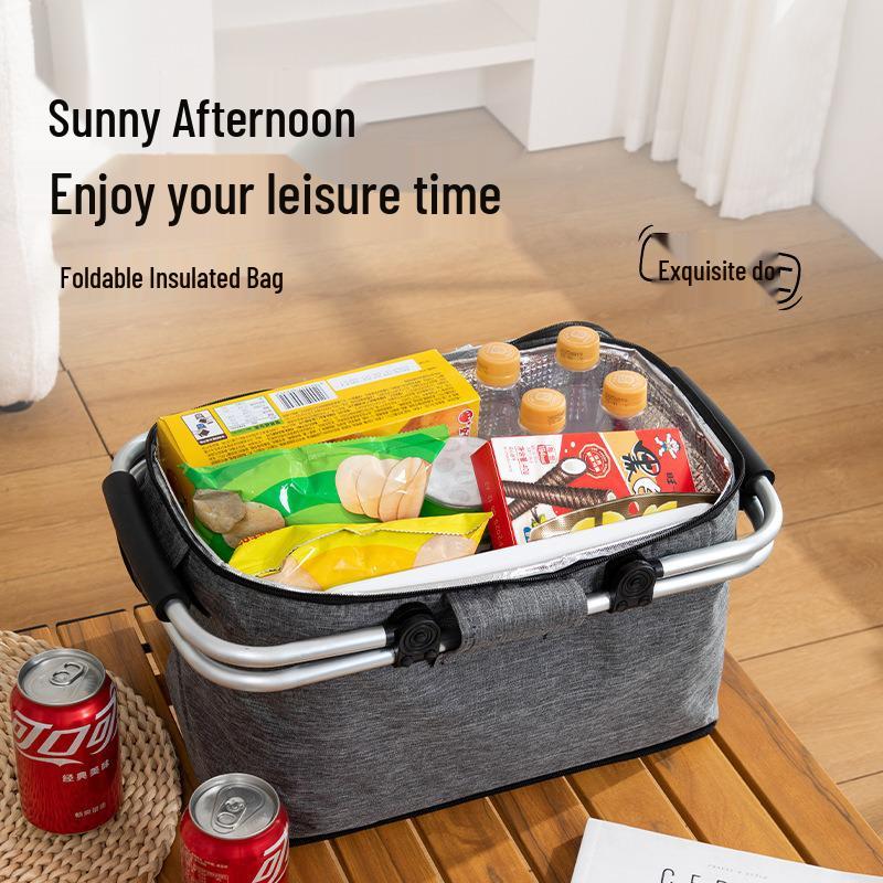 Insulated Oxford Cloth Folding Picnic Basket with Wheels, Multifunctional Outdoor Ice Bag & Thickened Aluminum Foil Liner