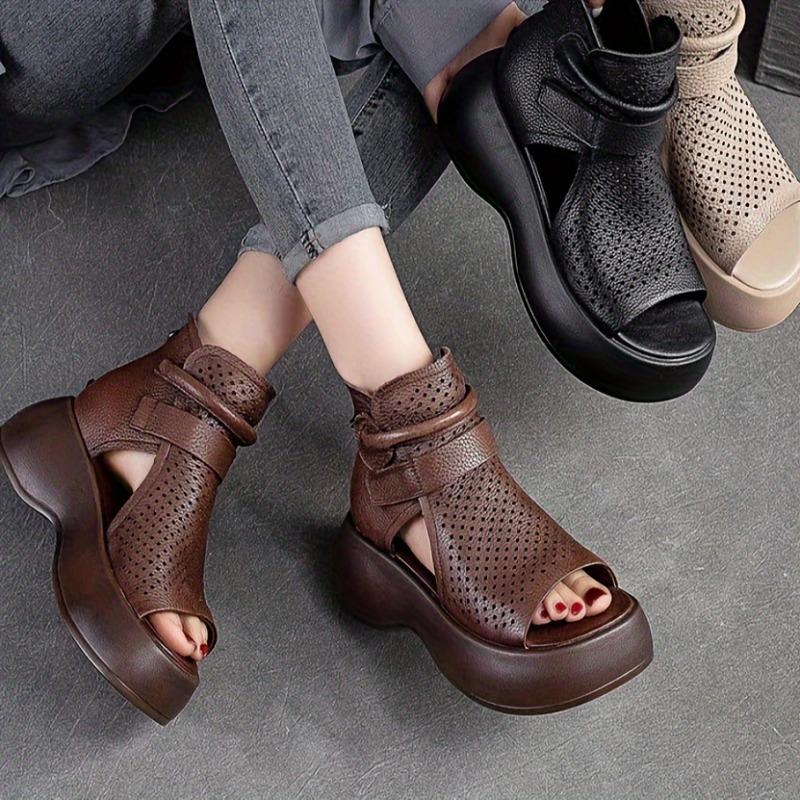 Women's Fashionable Versatile Fishbone Cutout Design Chunky Sole Breathable Roman Sandals