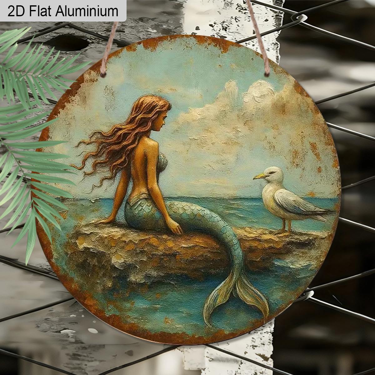 

2D Flat 1pc Mermaid Aluminium Decoration Plaque, Mermaid and Seagull Pattern Sign, Bathroom Decor, Living Room Decor, Garden Decor, Porch Decor 7.87×7.87inch