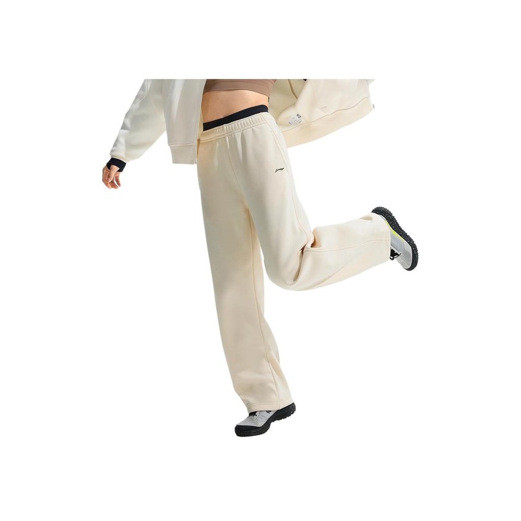 Li Ning Fitness Series Casual Warm Fleece Knitted Sports Pants Women Bottoms Swan-White AKLUC66-4