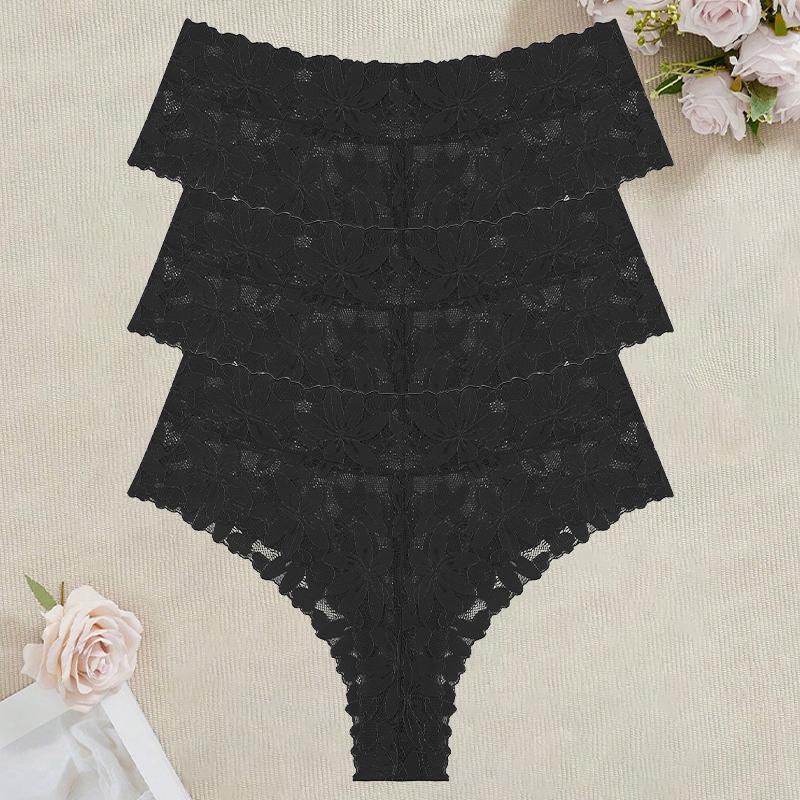 3Pcs/Set Women's High Waist Panties Ladies Sexy Lace Hollow Out Thong Breathable Transparent G-strings Solid Color Soft Lingerie