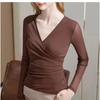 Mesh Base Shirt for Women Autumn New Women's Cross-neck Mid-sleeved T-shirt Five-quarter Sleeve Inner Top