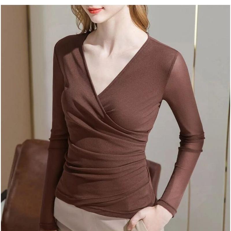 Mesh Base Shirt for Women Autumn New Women's Cross-neck Mid-sleeved T-shirt Five-quarter Sleeve Inner Top