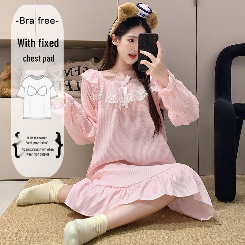 Cloud Cotton Sleep Dress: Long Sleeve Pink Pajamas for Girls - Spring/Autumn 2025