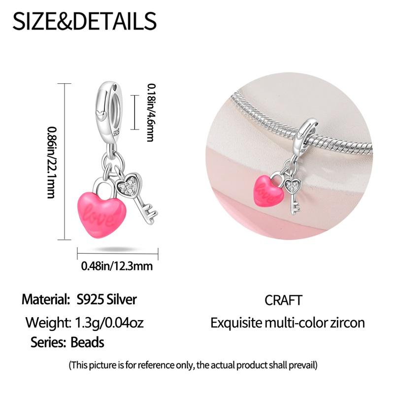 Original Copper Charms Luxury Pink Heart Key Pendant Beads Fit Bracelet Diy Women Making Delicate Gift