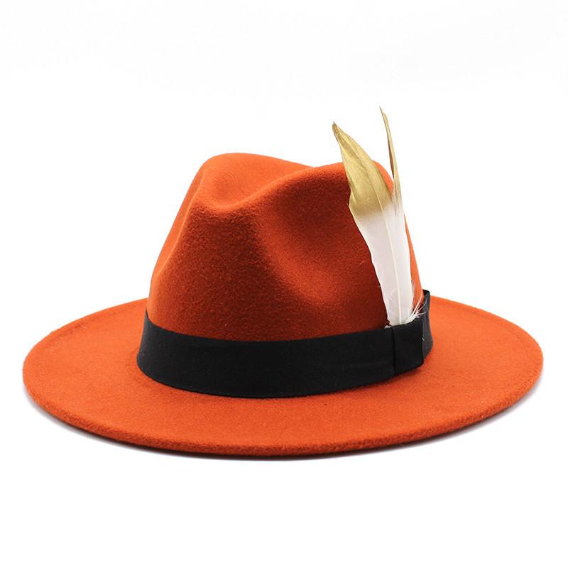 Trendy Wide-Brimmed Hat Woolen Top Hat Versatile Feather Flat Edge Jazz Hat British Style