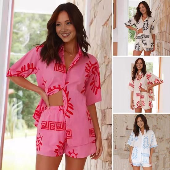 

2 шт./компл. женская рубашка и шорты комплект ретро с принтом с короткими рукавами и воротником с лацканами блузка с высокой талией свободная 2XL бежевый