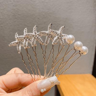 8pcs Elegant Starfish Hairpin Set Pearl Imitation Zinc Alloy U-shaped Crystal Bridal Hair Accessory Cute Animal Theme Hair Tool