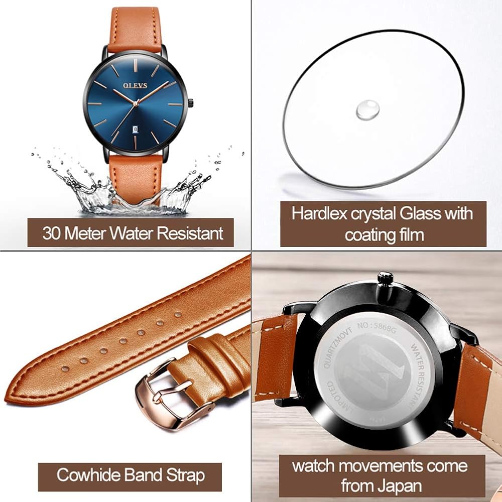 OLEVS Men's Minimalist Slim Fashion Analog Quartz Watch with Date Waterproof Large Dial Retro Leather Band