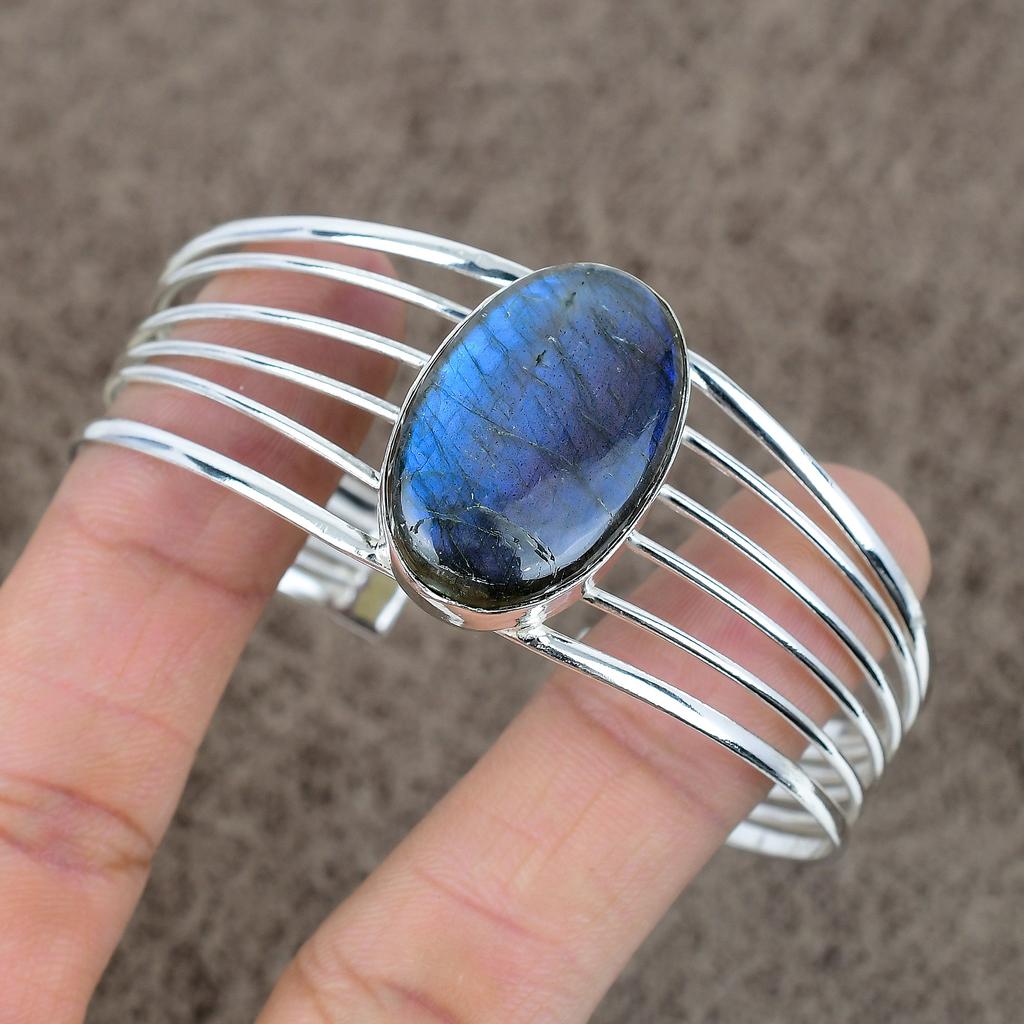 Labradorite Gemstone Handmade 925 Sterling Silver Cuff Bangle Adjustable KKG-189