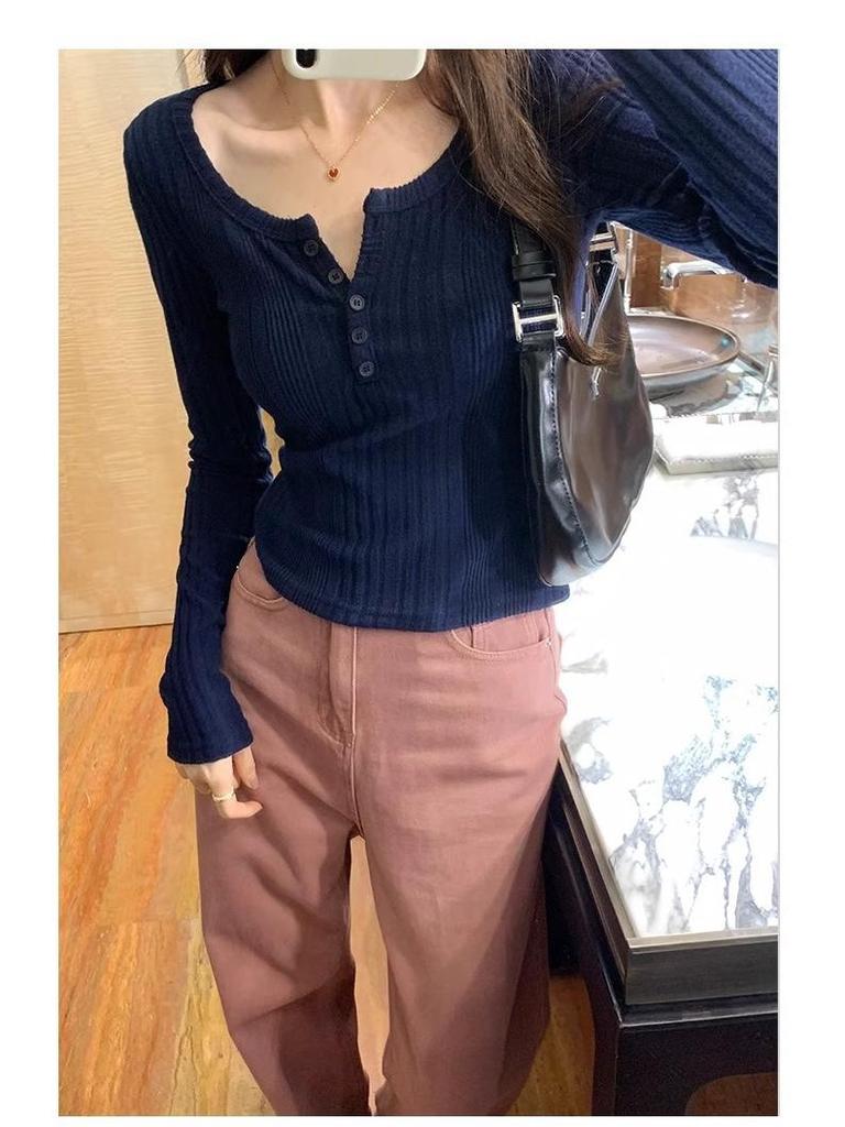 Women's Retro U-Neck Slimming Long-Sleeve Ribbed Knit Top, 2025 Autumn/Winter Collection