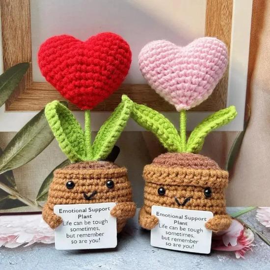 Knitted Wool Heart Potted Plant Handmade Simulation Flower Study Desktop Decorations Living Room Decorations