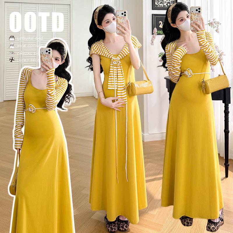 Spring Maternity Two-Piece Set: Elastic Slimming Strappy Dress & Striped Cardigan M