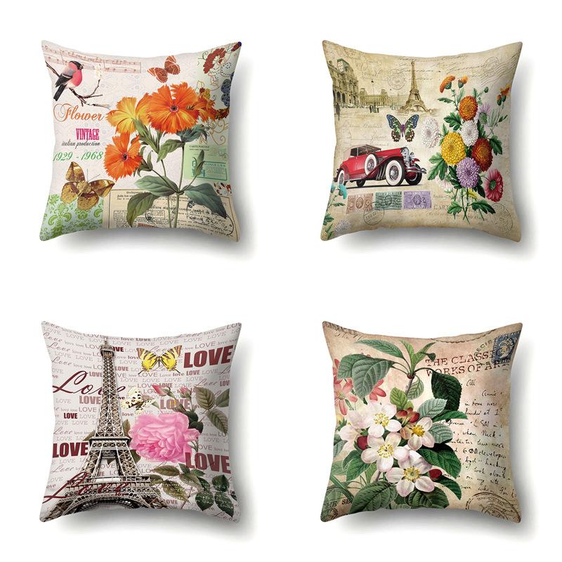 Polyester Pillowcase Automobile Decoration Retro Print Pillowcase Waist Cushion Cover Tower Bedside Cushion Cover