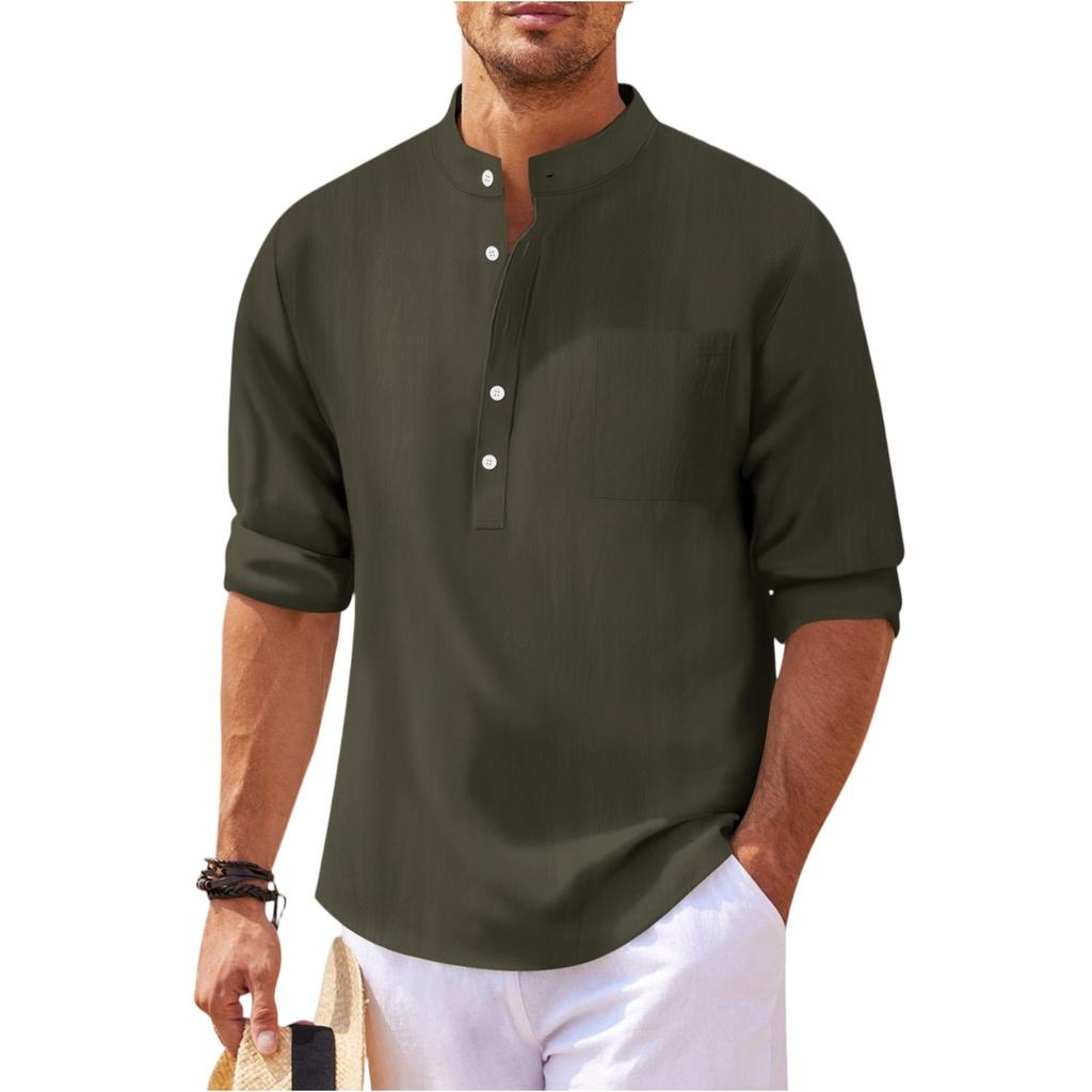Men's New Solid Color Casual Cotton And Linen Standing Collar Long Sleeved Shirt