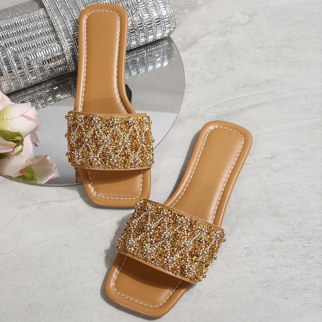[Foreign Trade] 2025 Summer Versatile Sandals Flat-bottomed French Premium Rhinestone One-Word Slippers