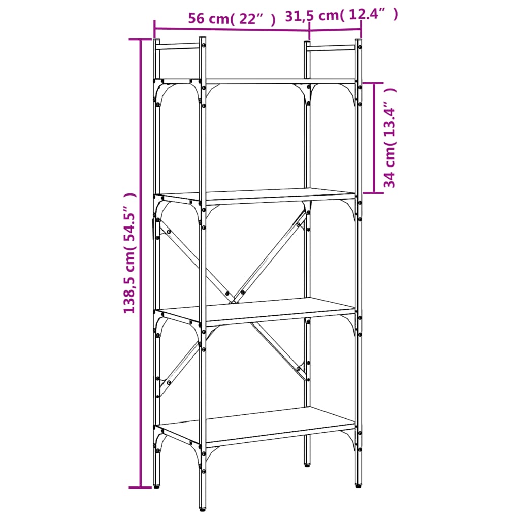 4 Shelf Bookshelf Grey Sonoma 56 x 31.5 x 138.5 cm Engineered Wood