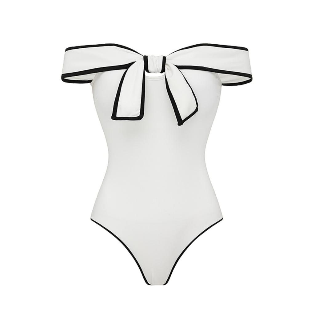 1011 European and American Swimwear New Black and White Color Matching Sweet Girl Bow One-piece Swimsuit Women's Popular Black Skirt