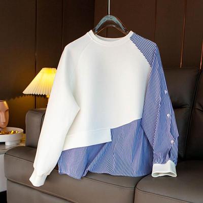 Sweat-shirt à col rond épissé pour femme, haut ample à rayures irrégulières