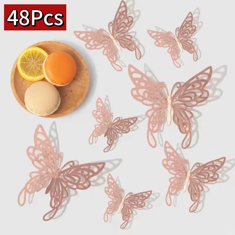 48pcs/lot Metal Inspired Hollow 3D Paper Butterfly Decorations for Parties, Festivals, Weddings, Birthdays, Wall Stickers