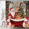 Funny Santa Claus Snowman Christmas Shower Curtain  with Red Gold Tree Design, New Year Bathroom Decor for Festive Celebration