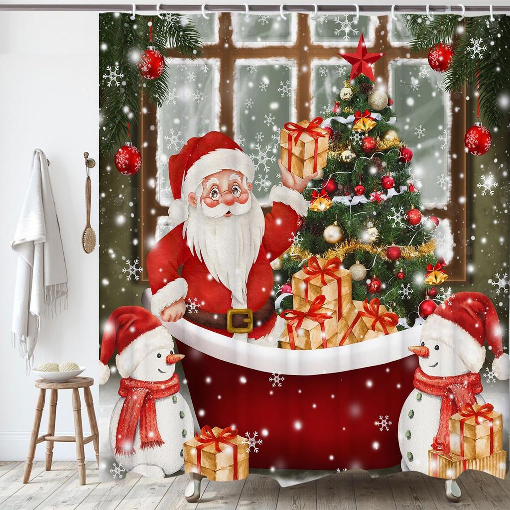 Funny Santa Claus Snowman Christmas Shower Curtain  with Red Gold Tree Design, New Year Bathroom Decor for Festive Celebration