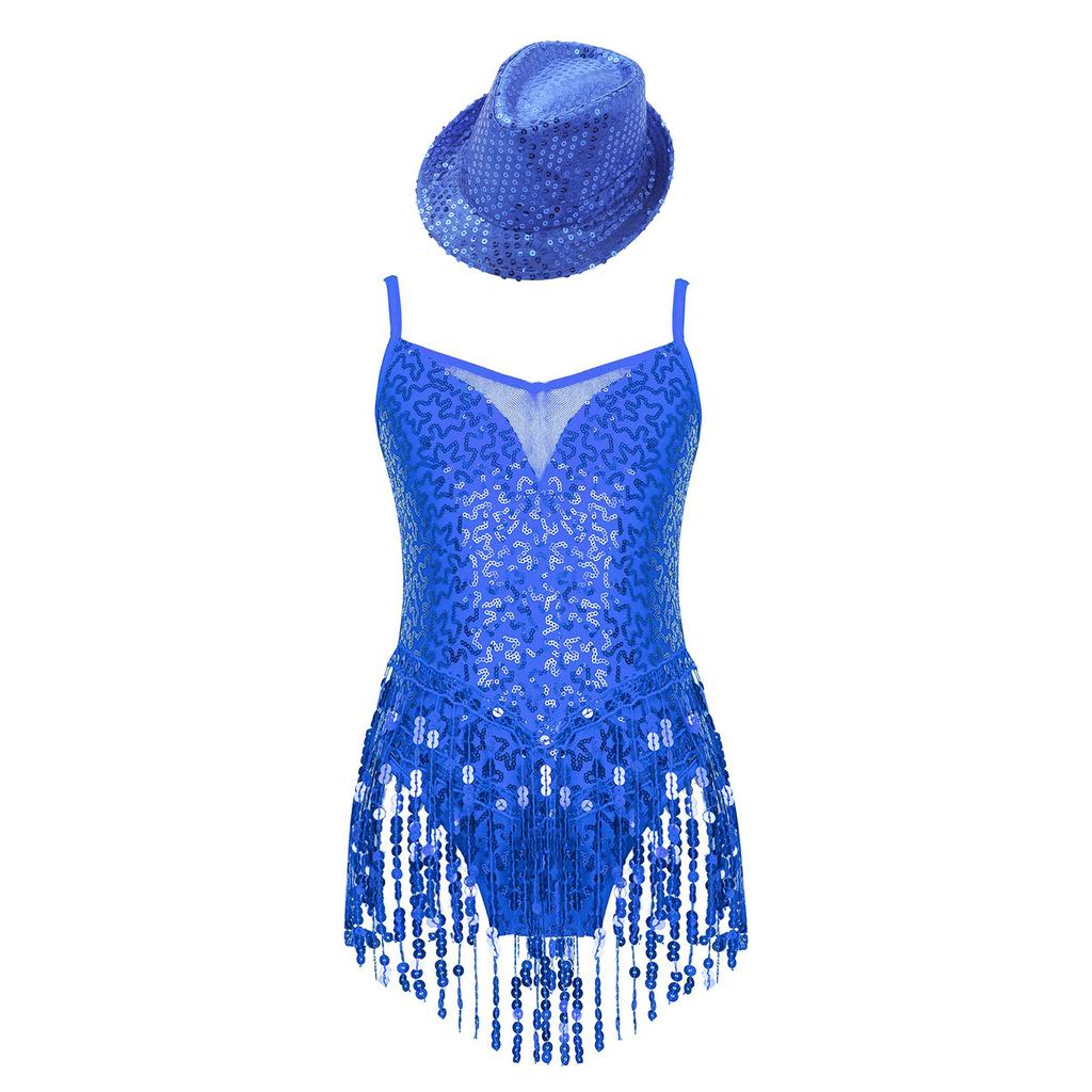 Girls Sleeveless V Neckline Mesh Patchwork Shiny Sequins Tassel Hem Leotard Hat Jazz Latin Dance Costume