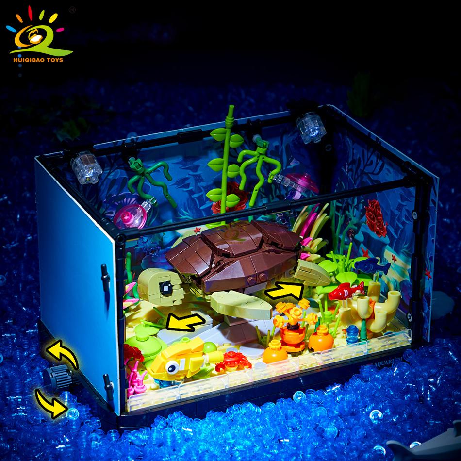 Non-Toxic Moc Fishbowl Aquarium Building Blocks Sea Turtle Fish Tank With Light Bricks City Construction Toys For Children Kids