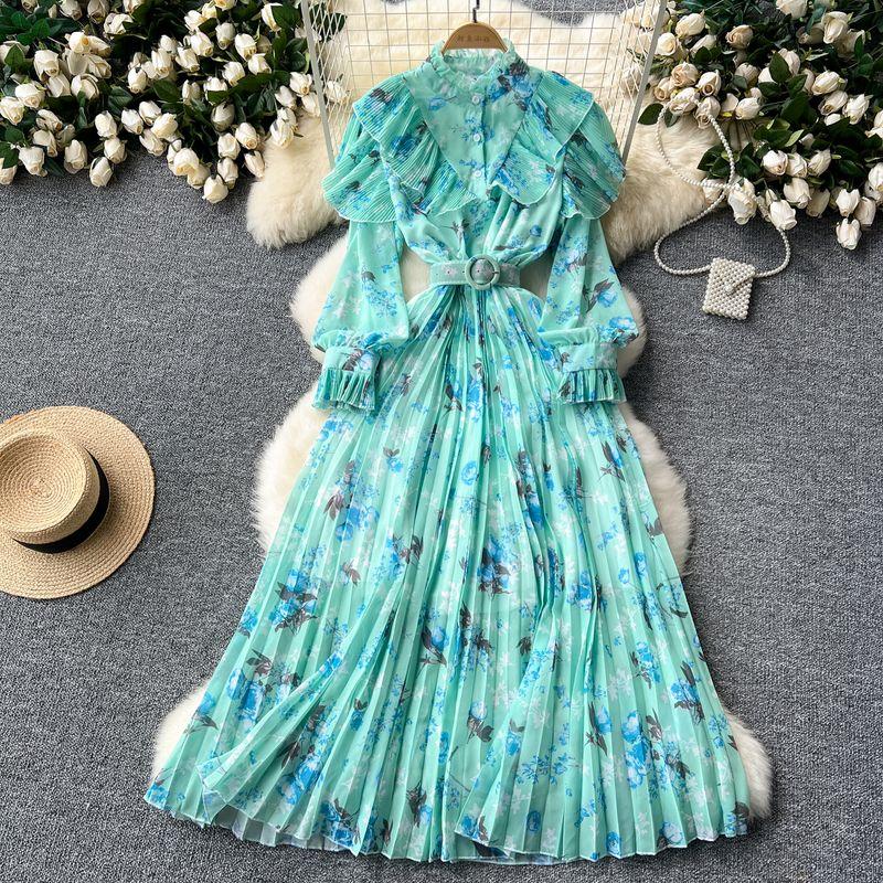 French Style Fancy Print Chiffon Dress Women's Ruffles Patchwork Waist-Slimming Slim Looking Elegant Elegance Pleated Dress