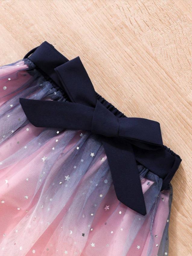 Girls' Flutter Sleeve One-Shoulder Camisole & Bow Gradient Starry Mesh Dress Set