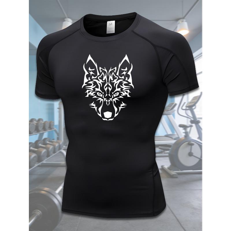 Men's Compression Shirt Quick Dry Black Gym T-Shirt White Tribal Wolf Head Print Workout Sportswear