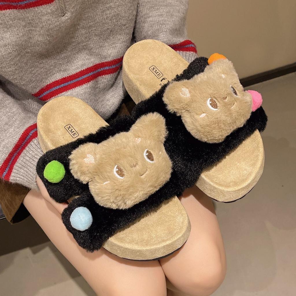 Comfortable one-word cotton slippers cute home muffin bottom fluffy slippers women's 2025 autumn and winter new warm and casual