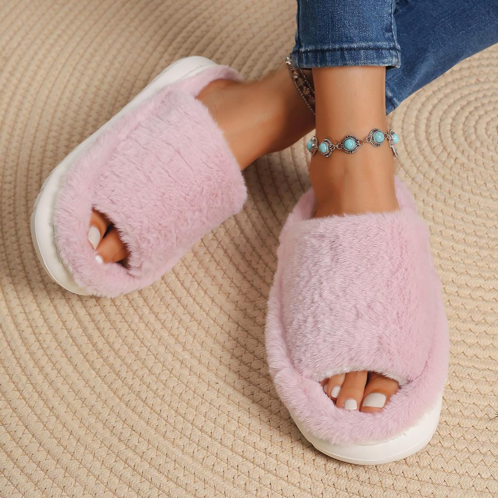 Fashion Faux Fur Keep Warm Slippers Women Winter Open Toe Thick Bottom Plush Slippers Woman Comfort Soft Non-Slip House Cotton Shoes