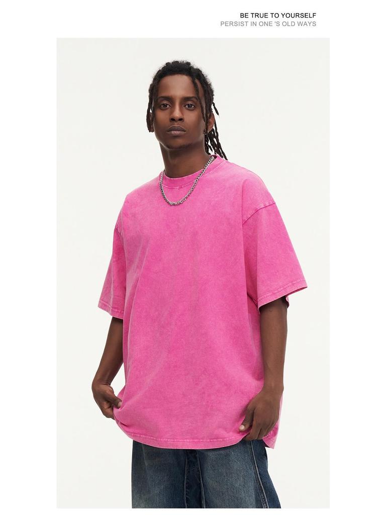 European Stone-Washed Tie-Dye Distressed Heavyweight Cotton Oversized Men’s T-Shirt, 230g, Snow Wash, Short Sleeve