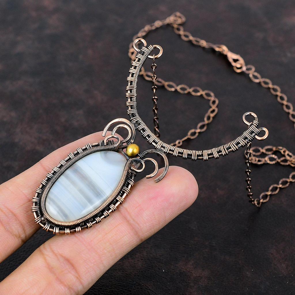 Botswana Agate Necklace Copper Wire Wrapped Necklace Handmade Jewelry Designer Necklace Adjustable Gemstone Necklace Copper Jewelry For Gift