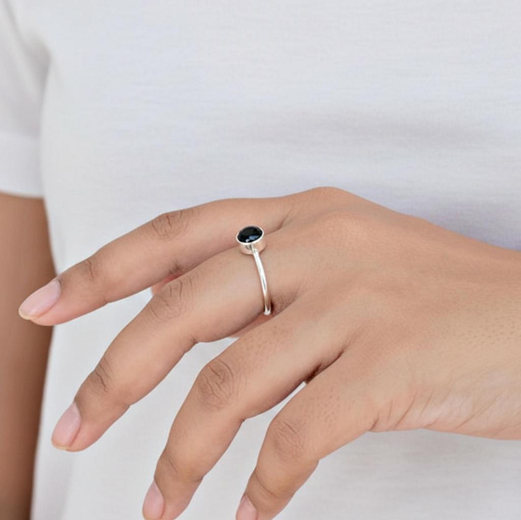 Black Onyx Round Stacking Ring, 925 Sterling Silver, Handmade Minimalist Onyx Ring for Women