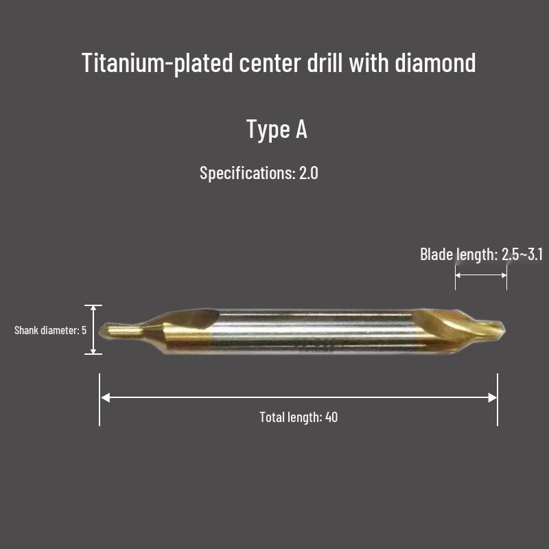 Cobalt-Coated Titanium Spiral Center Drill, Extended High-Speed Steel, Type A & B, Fully Ground Stainless Steel Locating Point