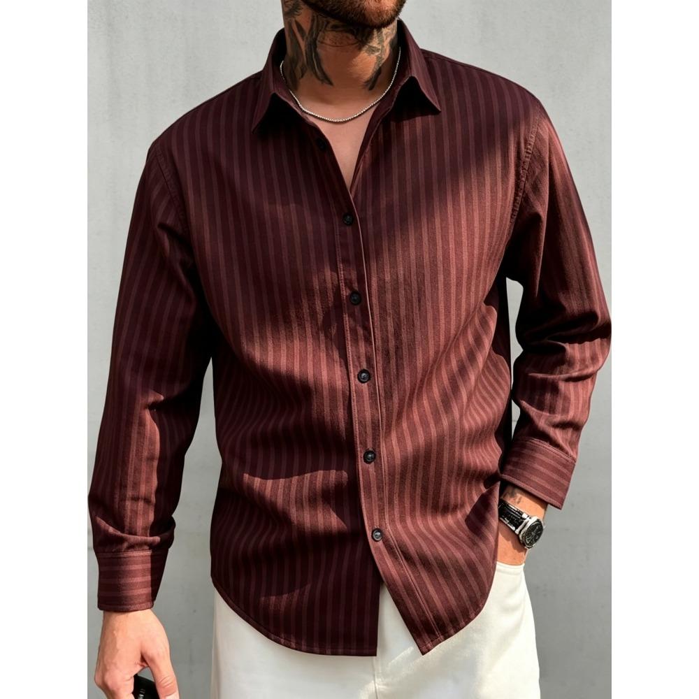 Men's Slim Vertical Striped Long Sleeved Shirt, Loose Collared Casual Shirt, Simple and Versatile Men's Top for Daily Commuting