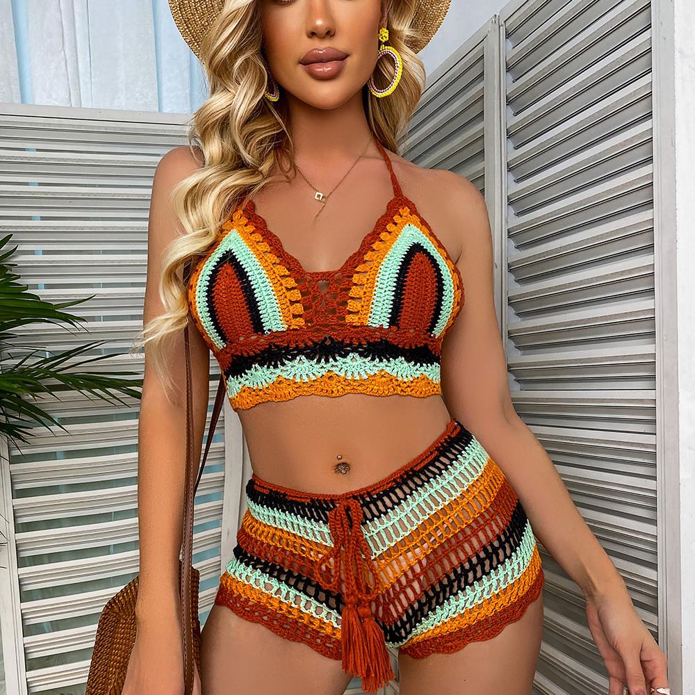 Crochet Bikini Sets Multi Color Knitted Rainbow Striped Off Shoulder Top + Bottom Bikini Beachwear Bathing Suit Women Swimsuit